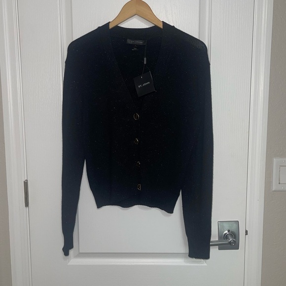 NEW ST. JOHN CLASSICS ERIN BUTTON FRONT CARDIGAN GOLD SPARKLE SANTA ROMA KNIT LG - Picture 3 of 11